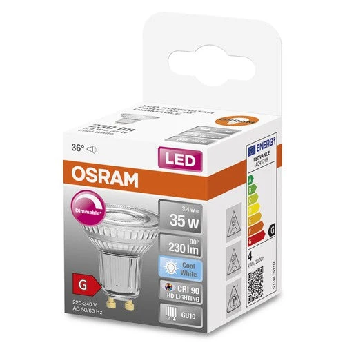OSRAM Ampoule LED à intensité variable PAR16 avec culot GU10, blanc froid (4000K), spot en verre, 3.7W, remplace une ampoule à réflecteur de 35W, LED SUPERSTAR PAR16