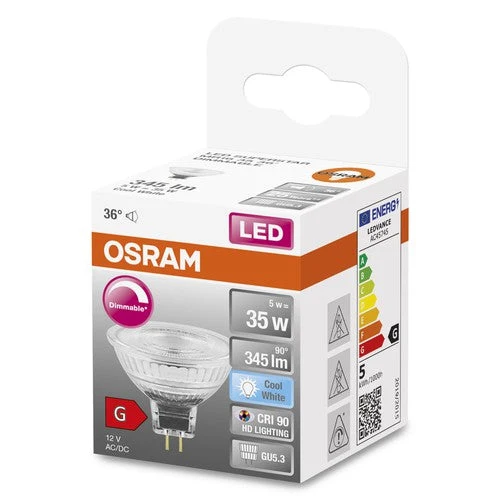 Ampoule LED à intensité variable MR16 OSRAM avec culot GU5.3, blanc froid (4000K), 4.9W, remplace une ampoule à réflecteur de 35W, LED SUPERSTAR MR16 12 V
