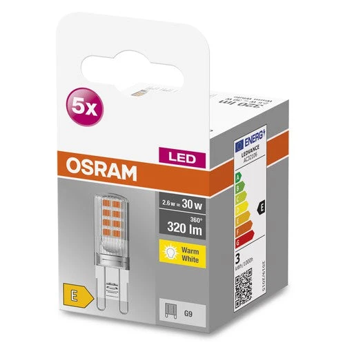 OSRAM lampe à broche LED BASE PIN G9 lampe LED CL30 non dimmable 2.6W, blanc chaud pack de 5