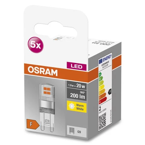 OSRAM LED lampe à broche BASE PIN G9 CL20 non dimmable 1.9W, blanc chaud pack de 5