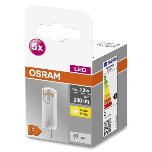 OSRAM lampe LED à broche BASE PIN G4 12 V lampe LED CL20 non dimmable 1,8W, blanc chaud pack de 5