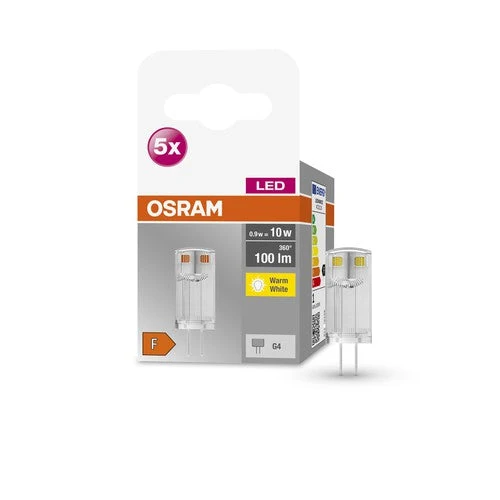OSRAM lampe LED à culot à broche BASE PIN G4 12 V lampe LED CL10 non dimmable 0,9W, blanc chaud pack de 5