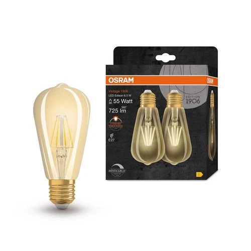 OSRAM Ampoule LED à intensité variable EDISON 6.5W filament E27 Vintage 1906 Gold, E27, pack de 2