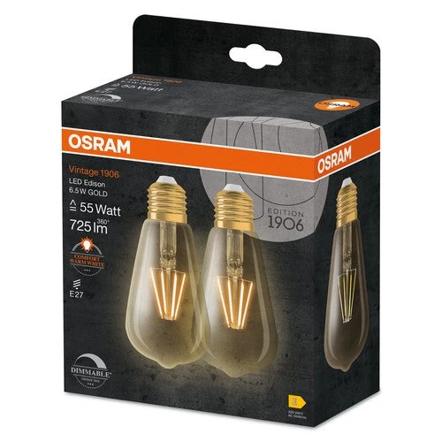OSRAM Ampoule LED à intensité variable EDISON 6.5W filament E27 Vintage 1906 Gold, E27, pack de 2