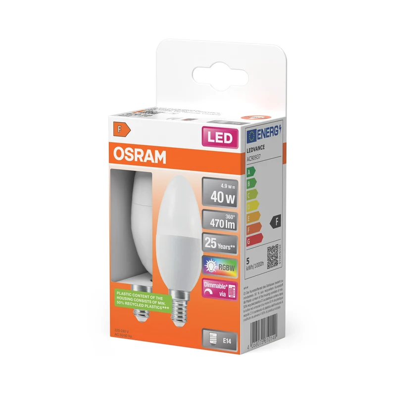 OSRAM Lampe LED Retrofit avec télécommande RGBW multicolore dimmable (ex 40W) 4,9W / 2700K blanc chaud E14