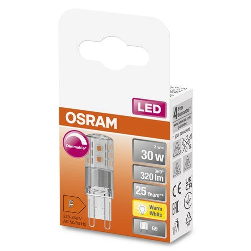 OSRAM LED lampe à broche PIN dimmable claire (ex 30W) 3W / 2700K blanc chaud PIN G9