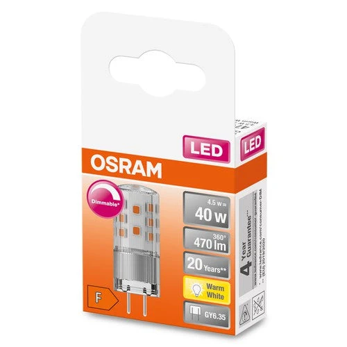 OSRAM Lampe LED PIN à intensité variable claire 12V (ex 40W) 4,5W / 2700K blanc chaud GY6.35