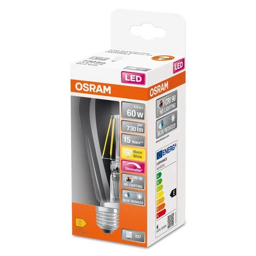OSRAM Ampoule LED à filament dimmable LED SUPERSTAR+ CL Edison FIL 60 dim 5,8W/927, IRC90 E27