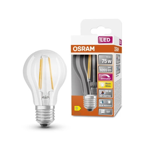 OSRAM Lampe LED dimmable LED SUPERSTAR+ CL A FIL 75 dim 7,5W/927 E27 IRC90 BOÎTE, E27, Blanc chaud