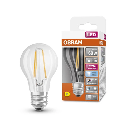 OSRAM Lampe LED dimmable LED SUPERSTAR+ CL A FIL 60 dim 5,8W/940 E27 IRC90 BOÎTE, E27, Blanc froid