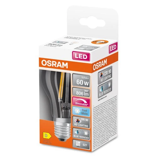 OSRAM Lampe LED dimmable LED SUPERSTAR+ CL A FIL 60 dim 5,8W/940 E27 IRC90 BOÎTE, E27, Blanc froid