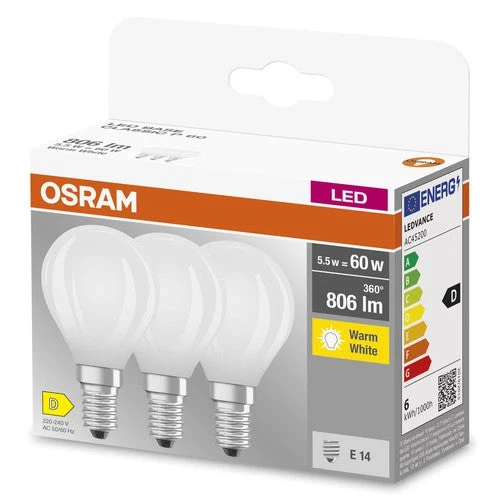 OSRAM LED BASE RETRO MATT CLP Lampes LED, forme classique mini-boule 6W E14 827, paquet de 3, blanc chaud