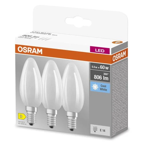 OSRAM LED BASE RETRO Matt CLASSIC B LED-lampes, forme classique mini bougie 6W E14 840, paquet de 3, blanc froid