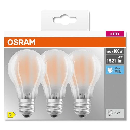 OSRAM LED BASE CLASSIC A lampe mate (ex 100W) 11W / 4000K blanc froid E27, pack de 3