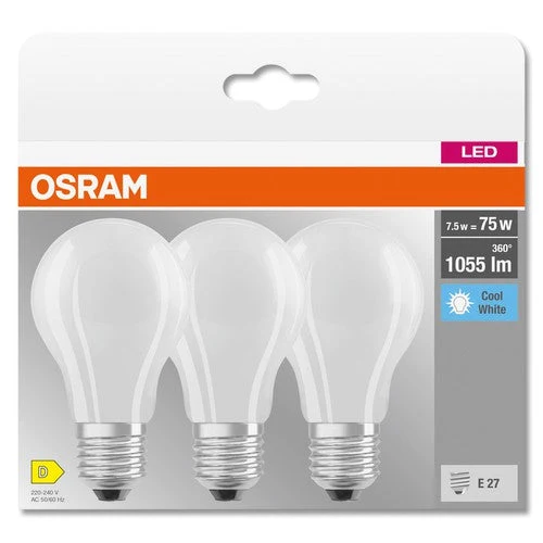 OSRAM LED BASE CLASSIC A lampe mate (ex 75W) 7,5W / 4000K blanc froid E27, pack de 3