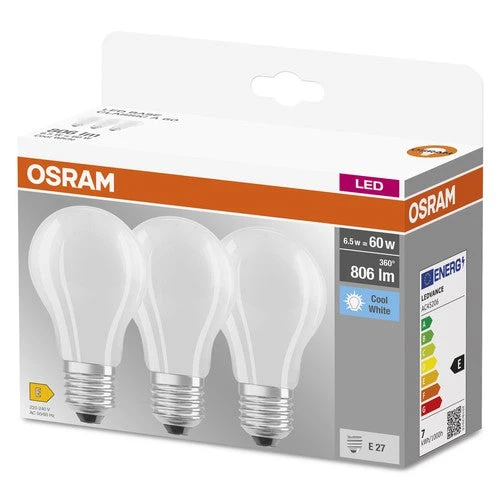OSRAM LED Base Classic A lampe mate (ex 60W) 6,5W / 4000K blanc froid E27, pack de 3