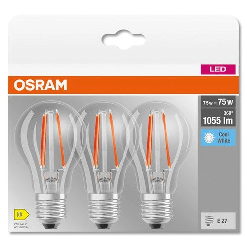 OSRAM LED BASE CLASSIC A ampoule claire (ex 75W) 7,5W / 4000K blanc froid E27, pack de 3