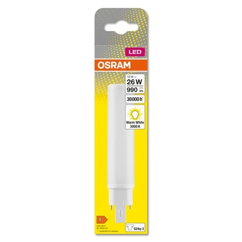 OSRAM DULUX D/E S Tube LED 2 broches 17cm (ex 26W) 10W / 3000K blanc chaud G24q-3