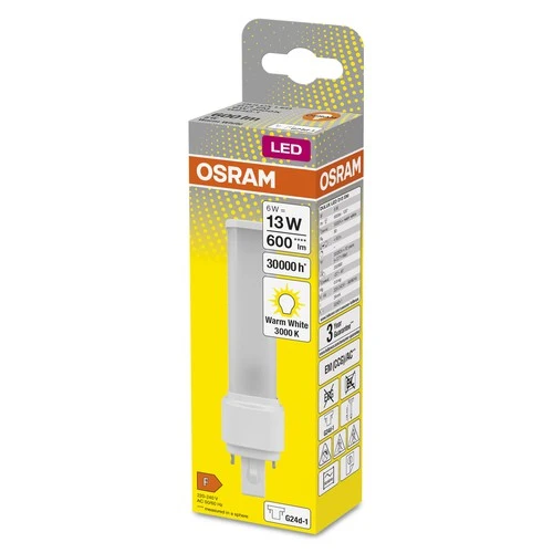 OSRAM DULUX D LED EM & AC MAINS Tube à LED 14,8cm (ex 13W) 6W / 3000K blanc chaud G24d-1