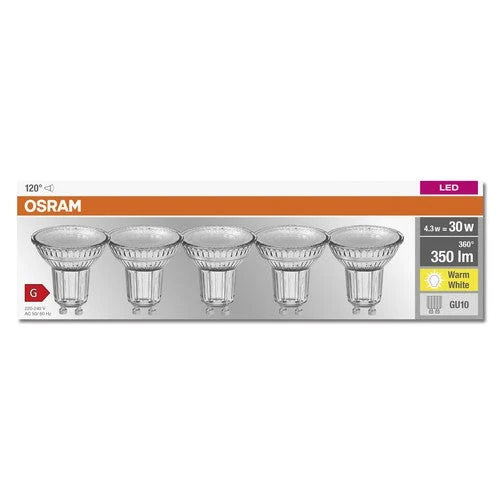 OSRAM LED BASE PAR16 Spot (ex 50W) 4,3W / 2700K blanc chaud GU10 5er