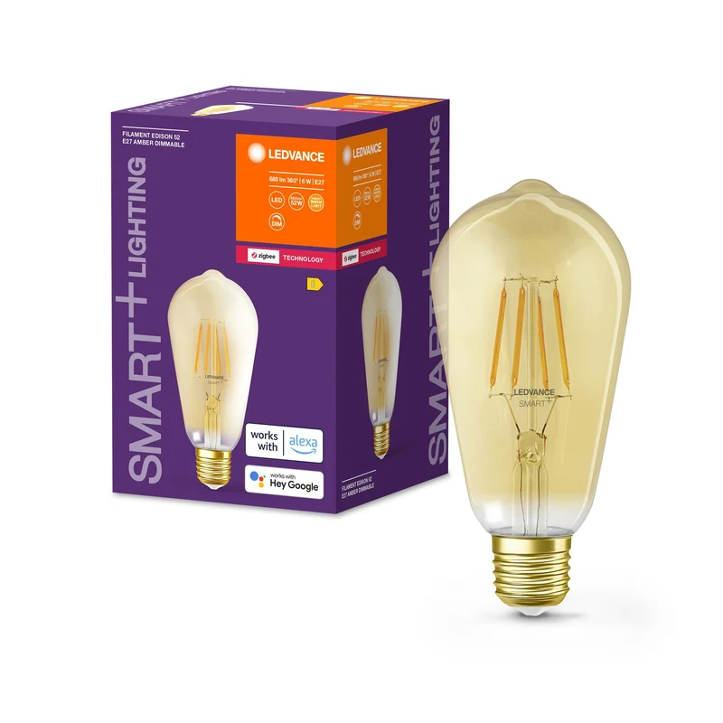 LEDVANCE Lampe LED intelligente avec ZigBee, culot E27, dimmable, blanc chaud (2400K), forme Edison dorée, filament clair, remplacement pour ampoules à incandescence 55W, contrôlable avec des systèmes compatibles comme Alexa, Google, etc.
