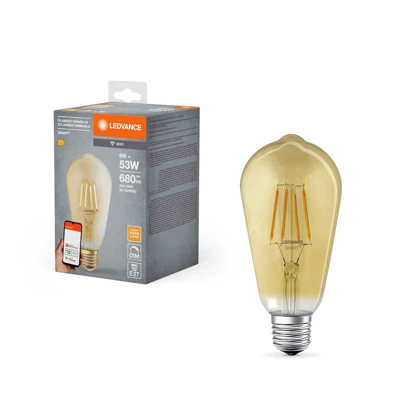 LEDVANCE Lampe LED intelligente avec technologie WiFi de forme Edison dorée, culot E27, dimmable, blanc chaud (2400K), remplace les lampes à incandescence de 53 W, SMART+ WiFi Classic Dimmable, lot de 1