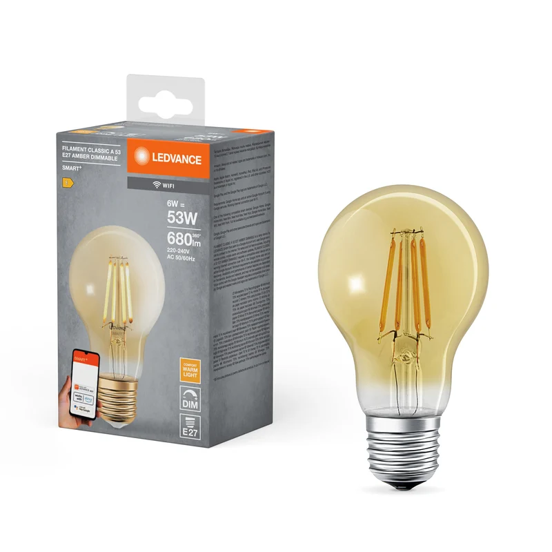 LEDVANCE Lampe LED intelligente avec technologie WiFi en verre doré, culot E27, dimmable, blanc chaud (2400K), remplace les lampes à incandescence de 53 W, SMART+ WiFi Classic Dimmable, pack de 1