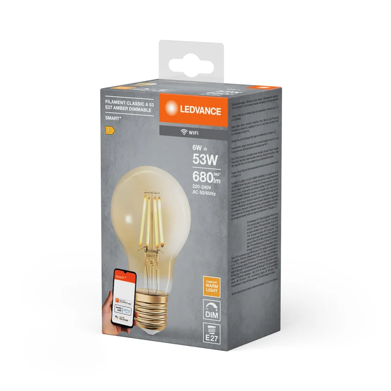 LEDVANCE Lampe LED intelligente avec technologie WiFi en verre doré, culot E27, dimmable, blanc chaud (2400K), remplace les lampes à incandescence de 53 W, SMART+ WiFi Classic Dimmable, pack de 1
