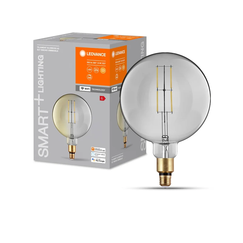 Lampe LED intelligente LEDVANCE avec technologie WiFi, culot E27, dimmable, blanc chaud (2500K), forme grand globe, filament transparent en verre fumé, remplacement du 37W conventionnel, contrôlable avec Alexa, Google & App