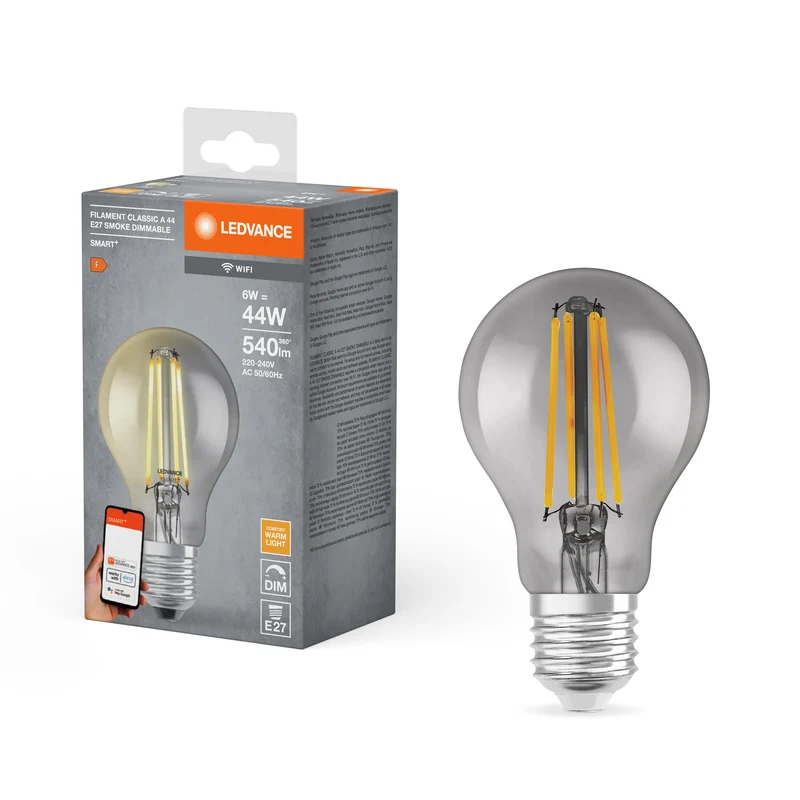 LEDVANCE Lampe LED intelligente avec technologie WiFi, culot E27, dimmable, blanc chaud (2500K), forme poire, filament transparent en verre fumé, remplacement des ampoules conventionnelles 44W, contrôlable avec Alexa, Google & App