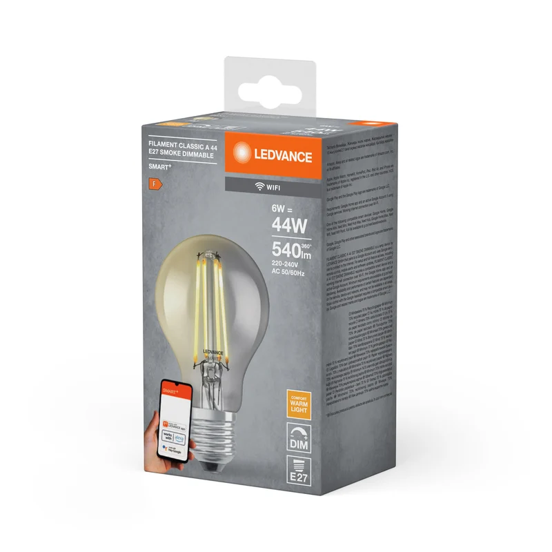 LEDVANCE Lampe LED intelligente avec technologie WiFi, culot E27, dimmable, blanc chaud (2500K), forme poire, filament transparent en verre fumé, remplacement des ampoules conventionnelles 44W, contrôlable avec Alexa, Google & App