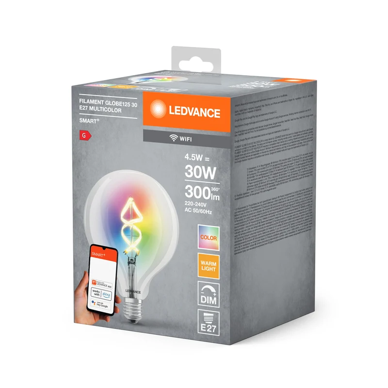 Ampoule LEDVANCE Wifi SMART+ filament Globe125 30 RGBW multicolore (ex 60W) 4,5W E27