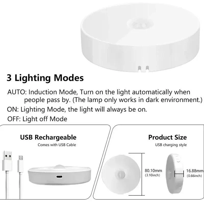 PIR Motion Sensor Under Cabinet LED Puck Lights - Magnet Base, USB Rechargeable