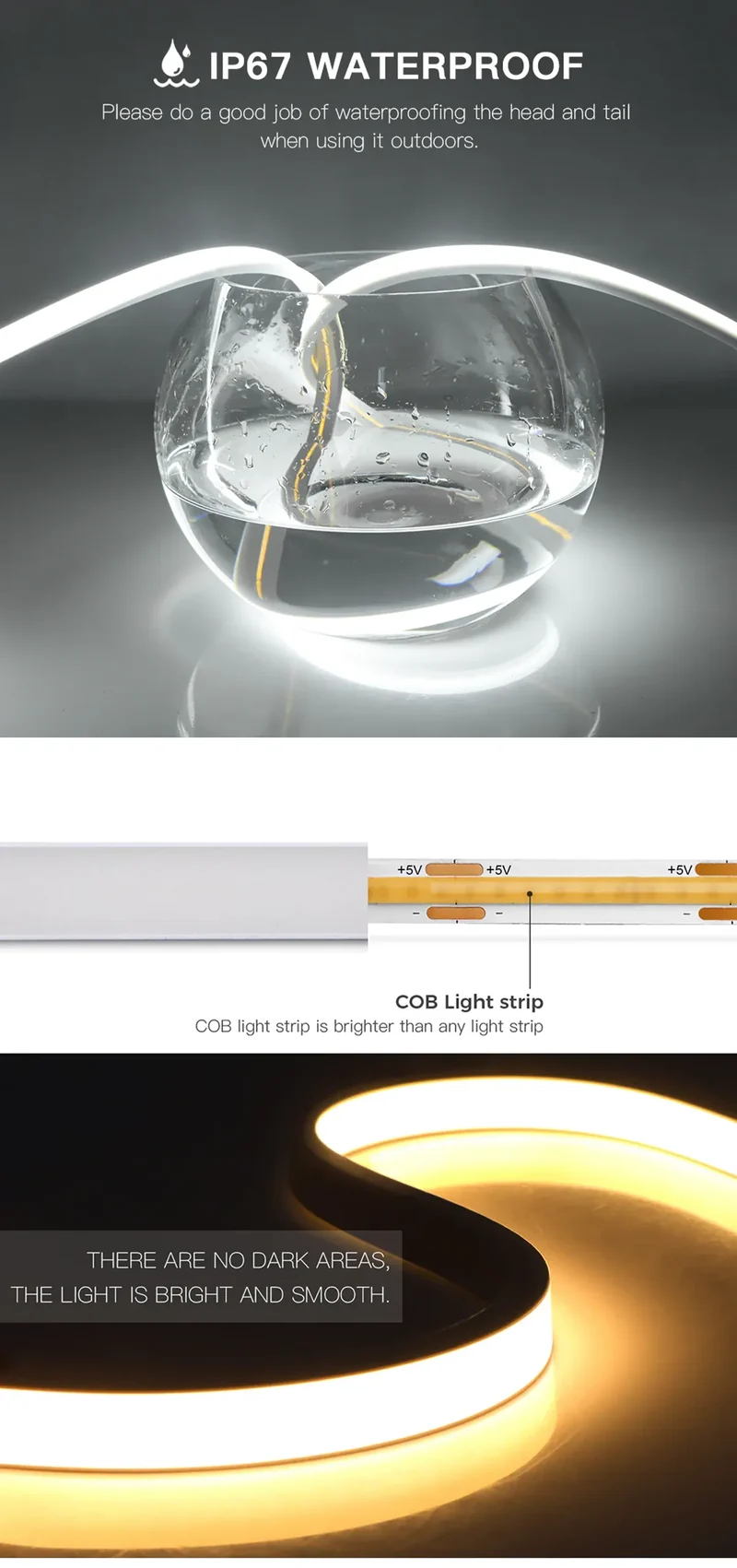 Penetrating Touch Sensor USB Under Cabinet COB LED Strip - Dimmable, Hand Scan for Wood & Glass