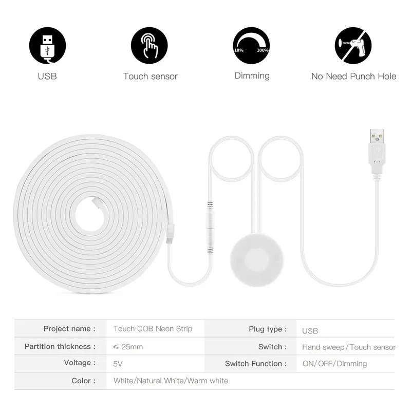 Penetrating Touch Sensor USB Under Cabinet COB LED Strip - Dimmable, Hand Scan for Wood & Glass