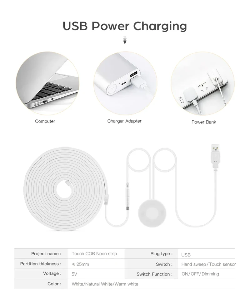 Penetrating Touch Sensor USB Under Cabinet COB LED Strip - Dimmable, Hand Scan for Wood & Glass