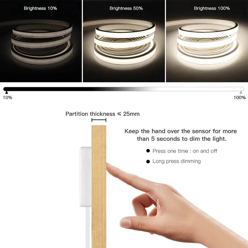 Penetrating Touch Sensor USB Under Cabinet COB LED Strip - Dimmable, Hand Scan for Wood & Glass
