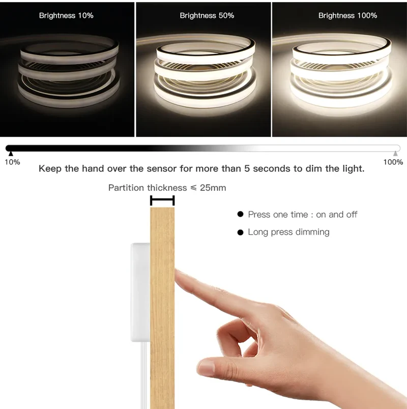 Penetrating Touch Sensor USB Under Cabinet COB LED Strip - Dimmable, Hand Scan for Wood & Glass
