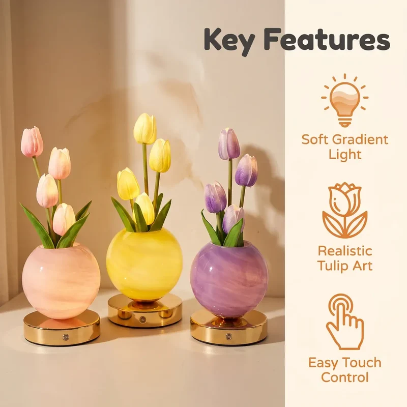 Glowing Tulip Bouquet Table Lamp - 3-Color Dimming, USB Rechargeable