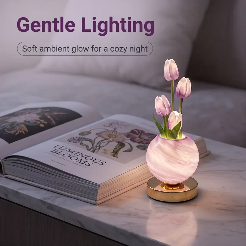 Glowing Tulip Bouquet Table Lamp - 3-Color Dimming, USB Rechargeable
