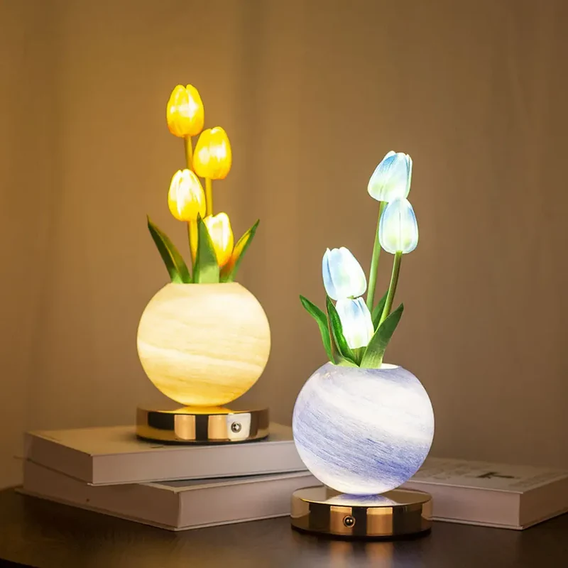 Glowing Tulip Bouquet Table Lamp - 3-Color Dimming, USB Rechargeable