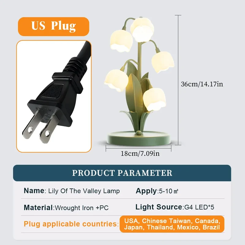 Lily of the Valley LED Table Lamp - Five Flower Shades, 3-Color, US Plug