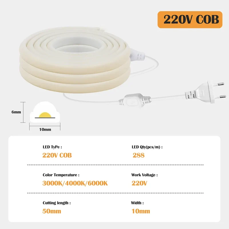 High-Density COB Neon Strip Light - 220–240V EU Plug, IP67, 288 LEDs/m