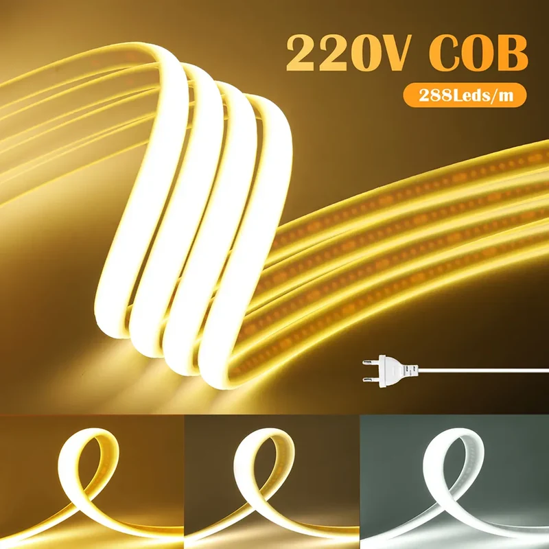 High-Density COB Neon Strip Light - 220–240V EU Plug, IP67, 288 LEDs/m