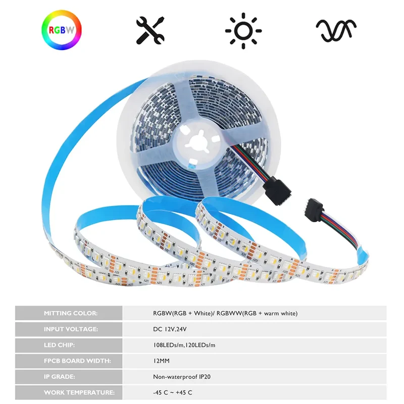 RGBW/RGBWW LED Strip Light - 5m, 12V/24V, Up to 120 LEDs/m