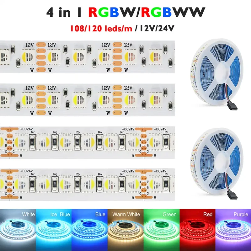 RGBW/RGBWW LED Strip Light - 5m, 12V/24V, Up to 120 LEDs/m