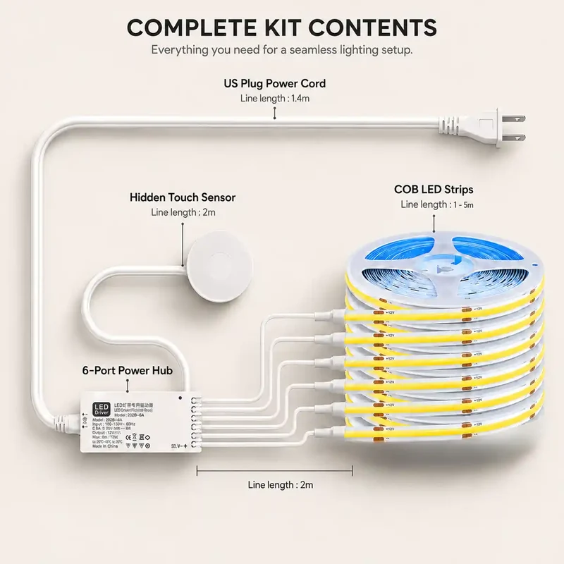Under Cabinet COB LED Strip Light Kit - Hidden Touch Sensor, US & EU Plug Options