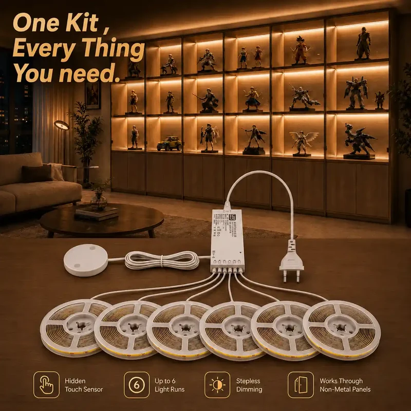 Under Cabinet COB LED Strip Light Kit - Hidden Touch Sensor, US & EU Plug Options