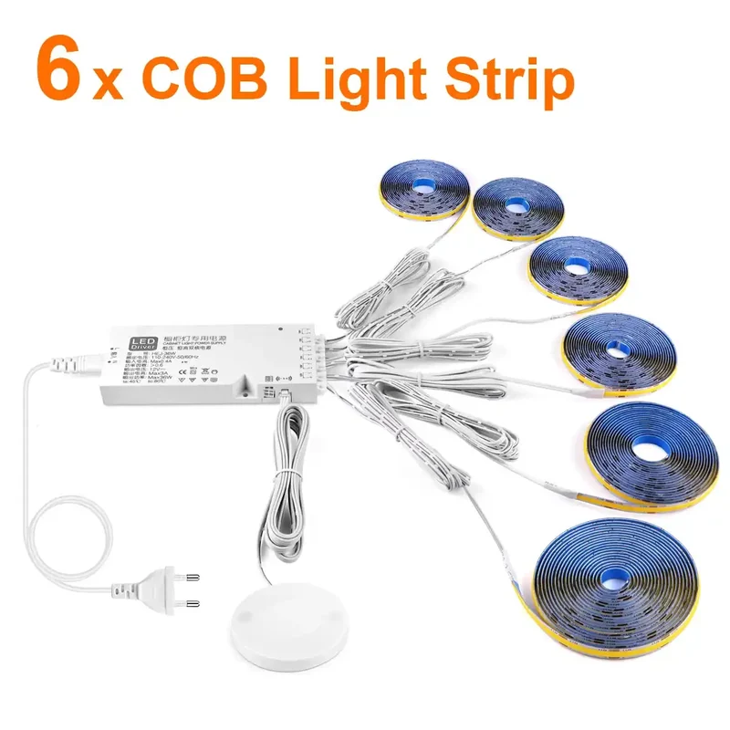 Under Cabinet COB LED Strip Light Kit - Hidden Touch Sensor, US & EU Plug Options
