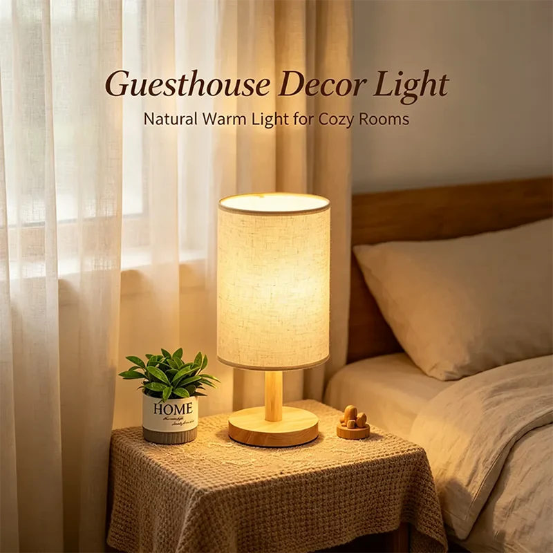 Chinese Style Dimmable LED Table Lamp - USB Plug, Fabric Shade, Bamboo Wood Base